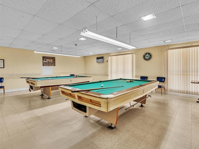 playroom featuring a drop ceiling, billiards, and baseboards