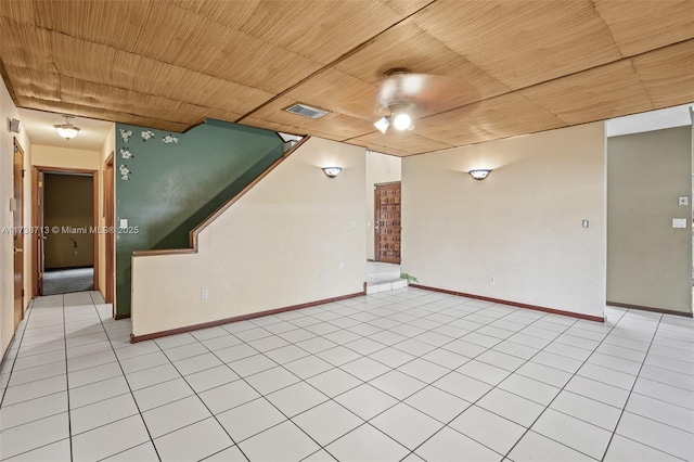 spare room featuring ceiling fan, light tile patterned flooring, and wood ceiling