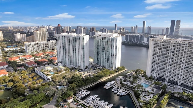 bird's eye view with a water view and a view of city