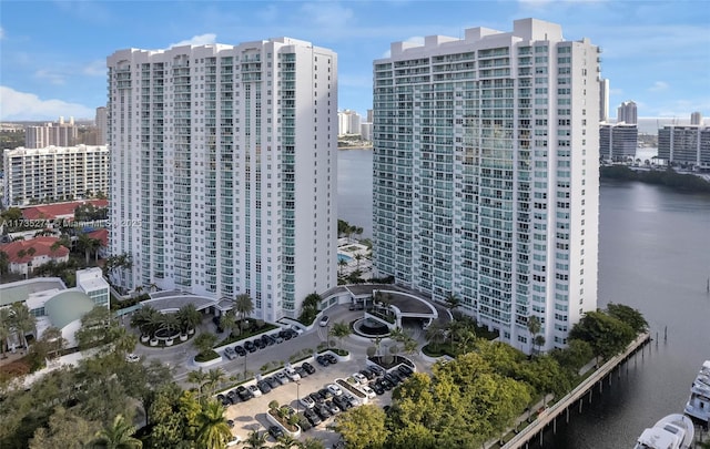 view of building exterior with a water view