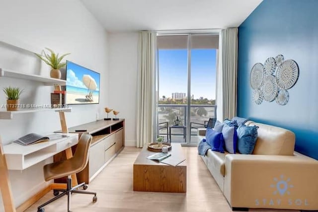 office space with floor to ceiling windows and light hardwood / wood-style floors