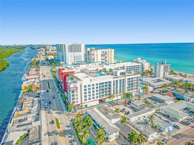 drone / aerial view featuring a water view