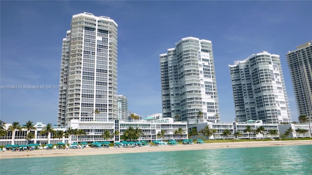 view of swimming pool with a water view and a beach view