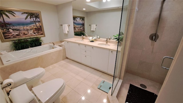 full bathroom with toilet, vanity, shower with separate bathtub, and tile patterned flooring