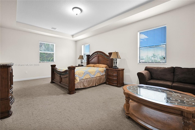 carpeted bedroom with a raised ceiling