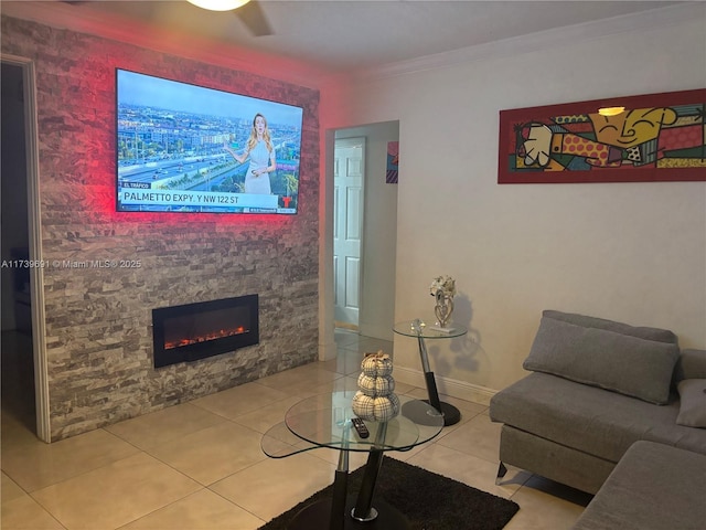 tiled living room with crown molding and a fireplace