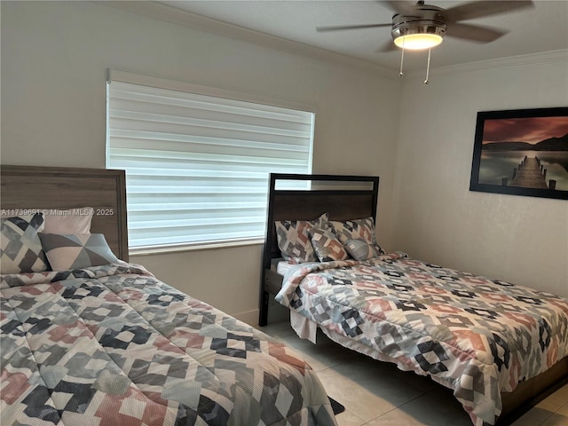 tiled bedroom featuring ceiling fan and ornamental molding