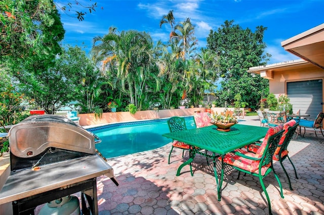 view of swimming pool featuring grilling area, a patio area, a fenced backyard, and a fenced in pool