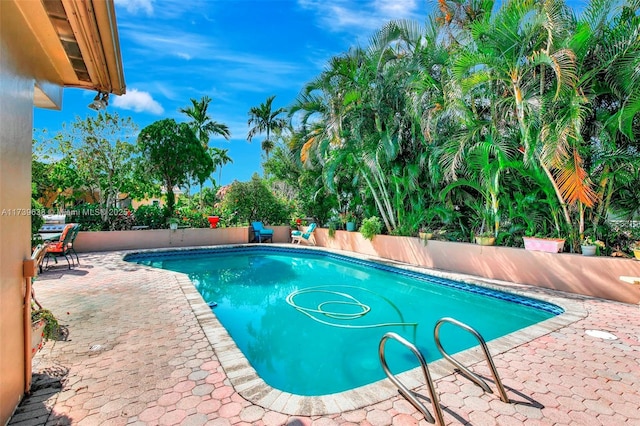 view of pool featuring a fenced in pool, a patio area, and fence