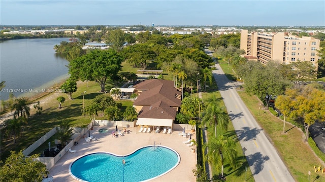 aerial view featuring a water view