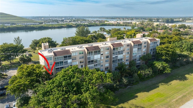 drone / aerial view featuring a water view