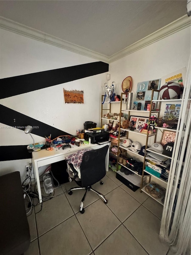 tiled home office with crown molding