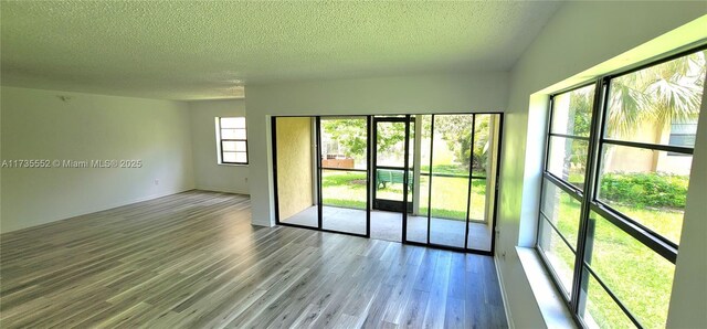 unfurnished room with light hardwood / wood-style floors and a textured ceiling