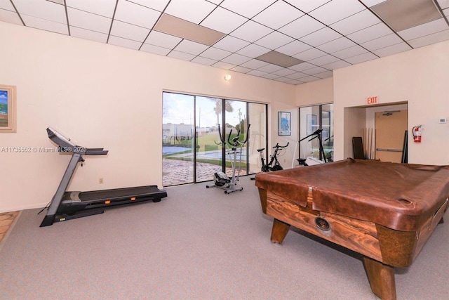 playroom with a drop ceiling, billiards, and carpet flooring