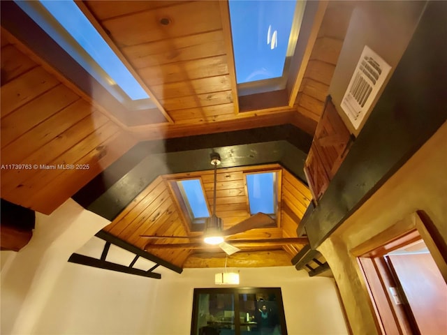 interior details with a skylight and wooden ceiling