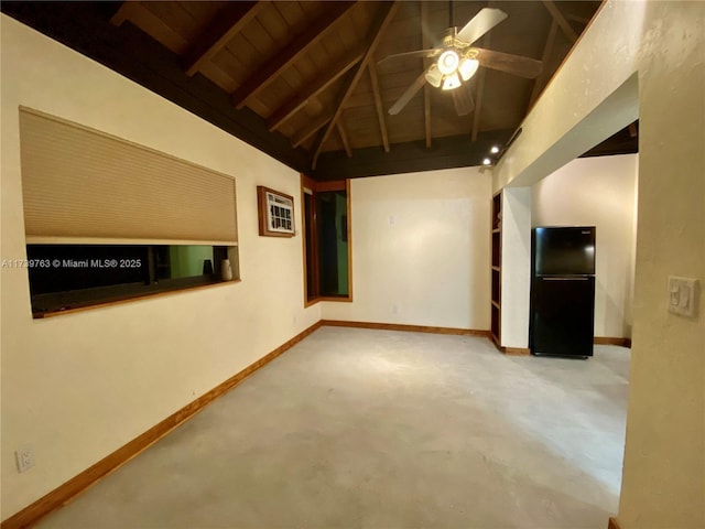 empty room featuring wood ceiling, lofted ceiling with beams, and ceiling fan