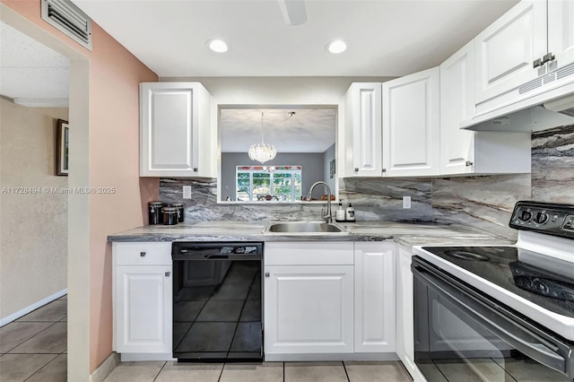 kitchen with sink, white cabinetry, black appliances, light stone countertops, and backsplash