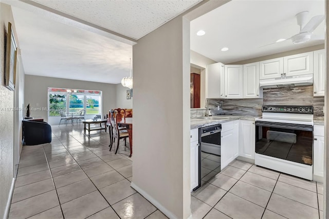 kitchen with sink, tasteful backsplash, dishwasher, electric stove, and white cabinets