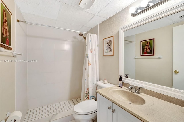 bathroom featuring vanity, curtained shower, and toilet