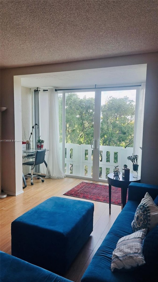 living room with hardwood / wood-style floors, a textured ceiling, and a healthy amount of sunlight