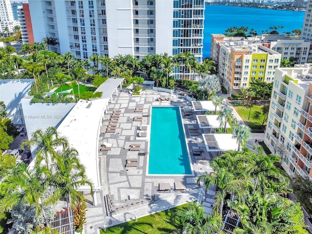 aerial view featuring a water view