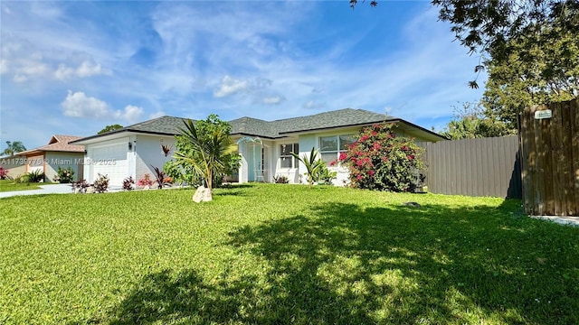 ranch-style home featuring a front yard, an attached garage, fence, and concrete driveway