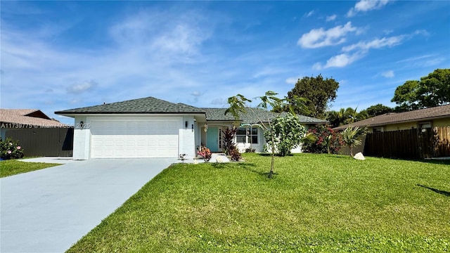 single story home with concrete driveway, a front lawn, a garage, and fence