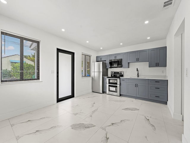 kitchen featuring appliances with stainless steel finishes, sink, and gray cabinetry