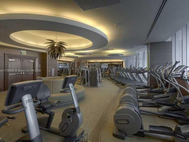 workout area with a raised ceiling and carpet