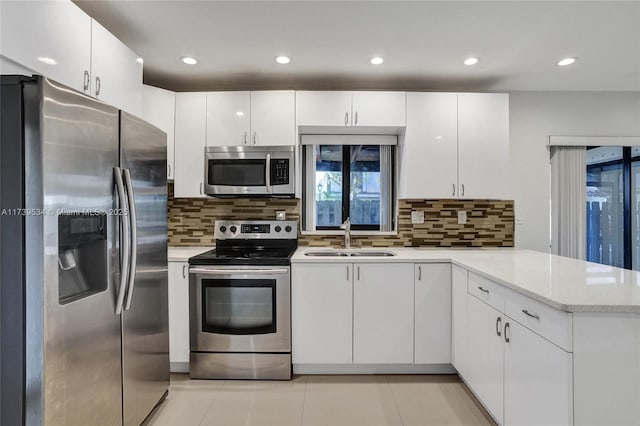 kitchen with sink, white cabinetry, kitchen peninsula, stainless steel appliances, and decorative backsplash