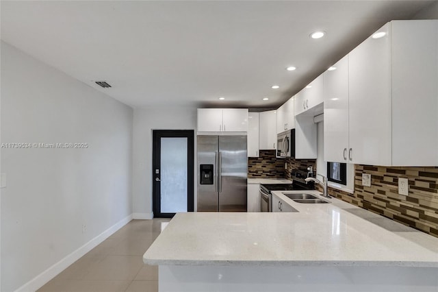 kitchen featuring sink, white cabinetry, stainless steel appliances, decorative backsplash, and kitchen peninsula