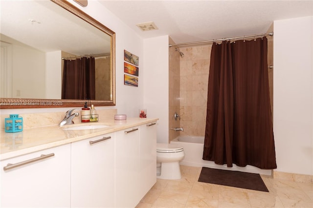 full bathroom featuring shower / bath combination with curtain, vanity, and toilet