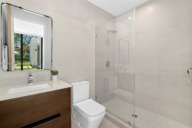 bathroom featuring walk in shower, vanity, and toilet