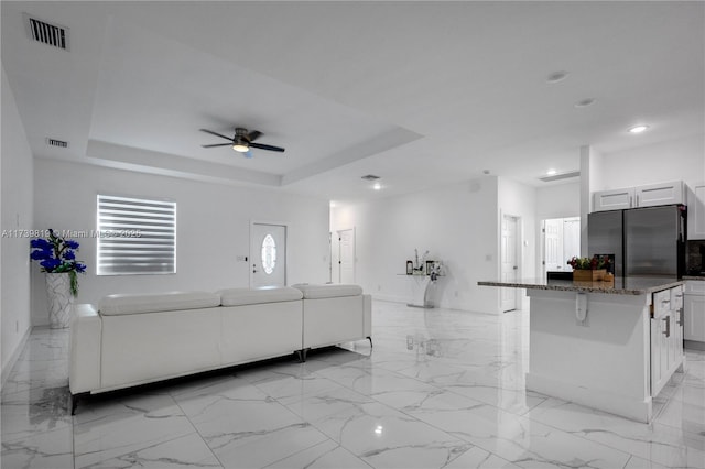 unfurnished living room with a raised ceiling and ceiling fan