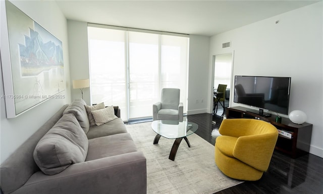 living room featuring floor to ceiling windows and hardwood / wood-style floors