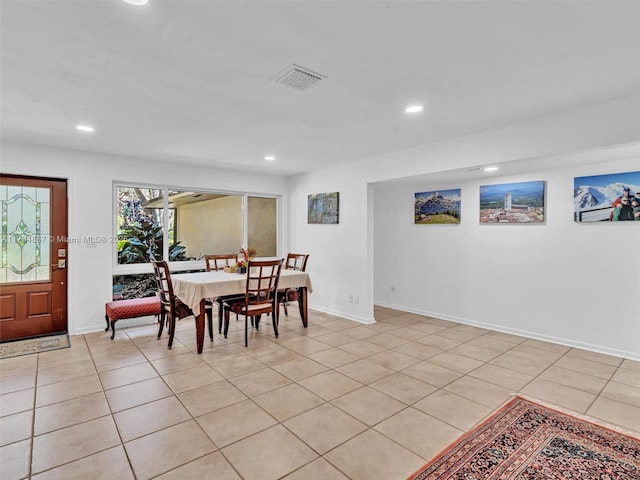 dining space featuring recessed lighting, visible vents, baseboards, and light tile patterned floors