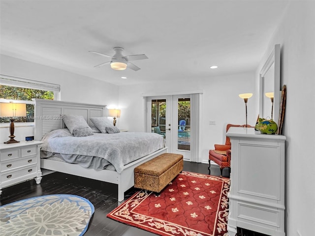 bedroom with recessed lighting, dark wood-style flooring, a ceiling fan, access to exterior, and french doors