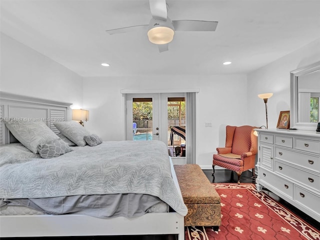 bedroom with french doors, recessed lighting, wood finished floors, and access to exterior