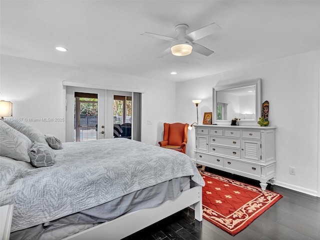 bedroom featuring french doors, dark wood-style flooring, recessed lighting, ceiling fan, and access to outside