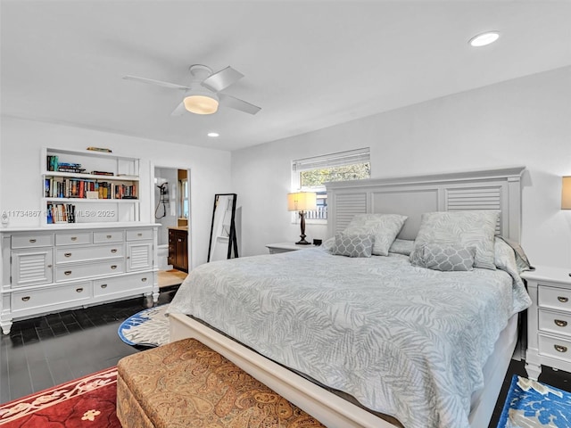 bedroom featuring dark wood-style floors, ceiling fan, ensuite bathroom, and recessed lighting