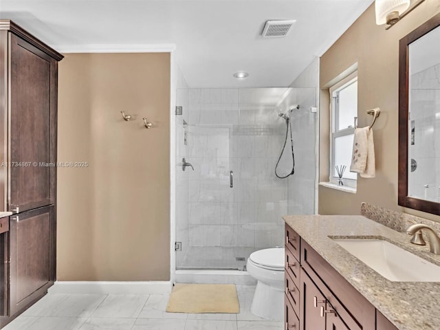 full bathroom featuring toilet, marble finish floor, visible vents, and baseboards