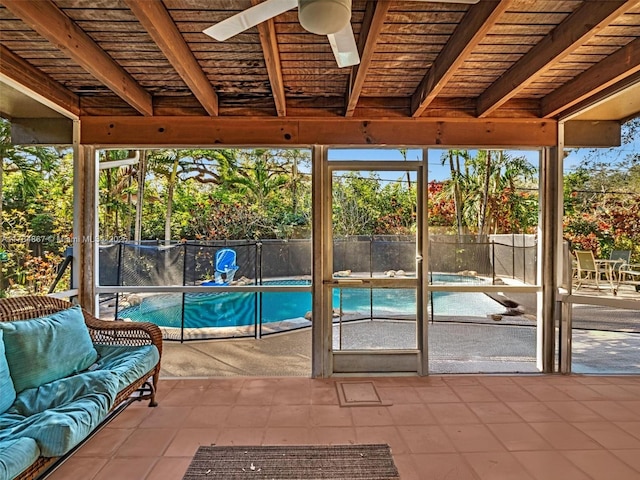 view of swimming pool featuring a fenced backyard, ceiling fan, a fenced in pool, and a patio