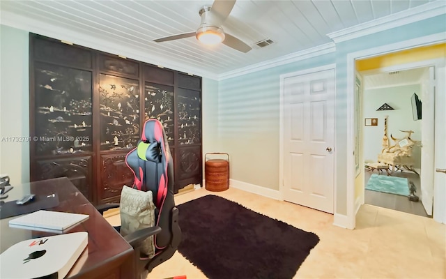 office space with ornamental molding and ceiling fan