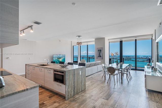 kitchen featuring an island with sink, sink, light brown cabinetry, and light hardwood / wood-style floors