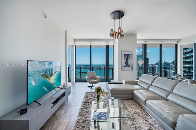 living area featuring a chandelier, a wall of windows, wood finished floors, and a city view