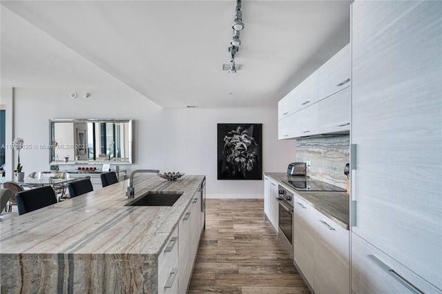 kitchen with sink, hardwood / wood-style floors, a spacious island, black electric stovetop, and oven