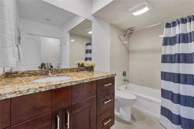 full bathroom featuring vanity, tile patterned flooring, shower / bath combination with curtain, and toilet