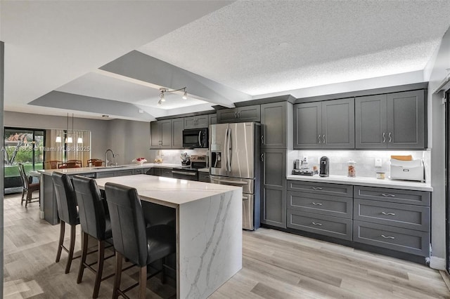 kitchen featuring sink, light stone counters, a kitchen breakfast bar, a tray ceiling, and stainless steel appliances