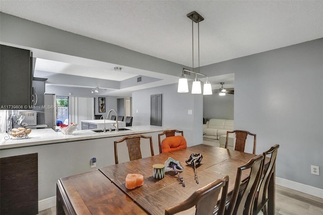 dining room with a ceiling fan, baseboards, a tray ceiling, and light wood-type flooring