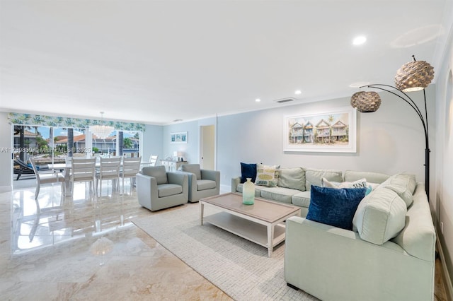 living area with recessed lighting, crown molding, visible vents, marble finish floor, and an inviting chandelier